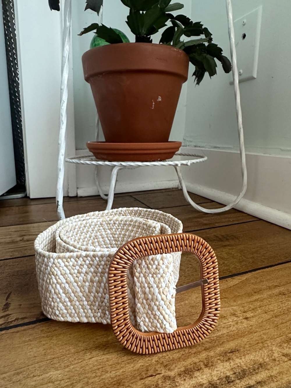 Woven Cream Decorative Belt with Tan Rattan Buckle